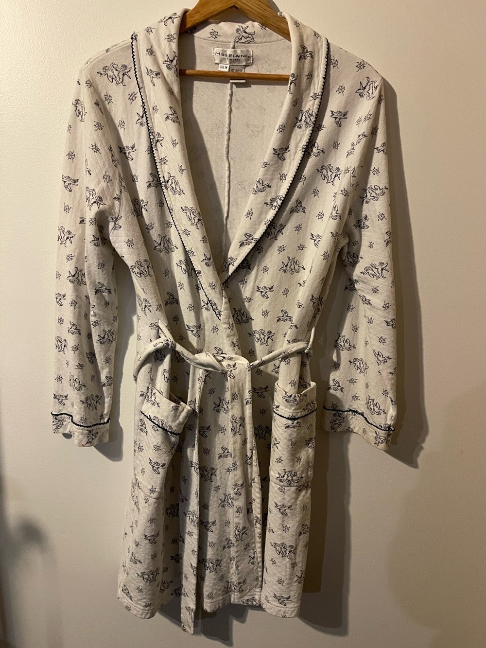 Miss Elaine Vintage Cotton Quilted Cherub Angel Print Wrap Robe Cream Black M